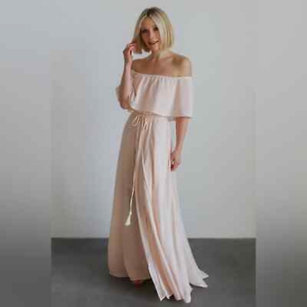 Baltic Born Blush color off shoulder maxi dress, size Medium.